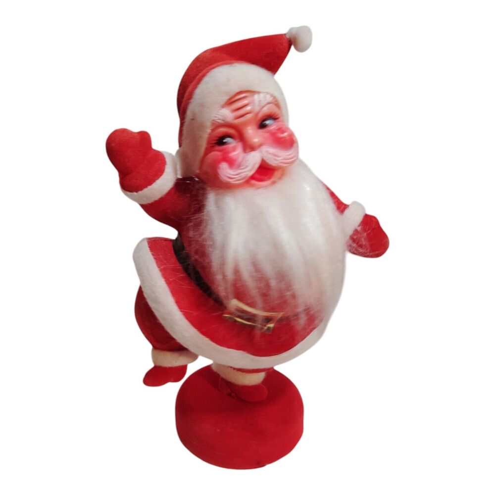 Vintage Flocked Velvet Dancing Santa Figure on Stan 8" Tall Japan Christmas